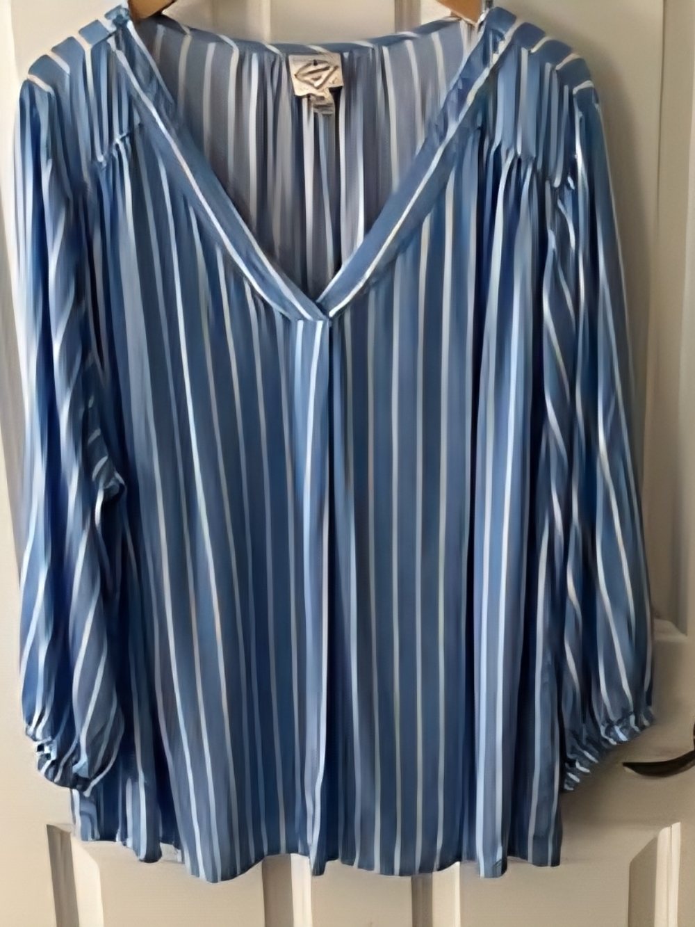 Saint John's Bay Active Blue and White Striped V-Neck Blouse